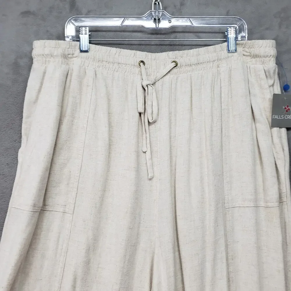 Falls Creek Womens 1X Beige Linen Blend Lounge Pants Wide Leg Drawstring NWT - Picture 4 of 15